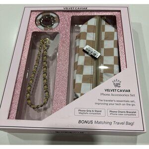 Velvet Caviar Phone Accessories Set in a tan and cream checkered pattern